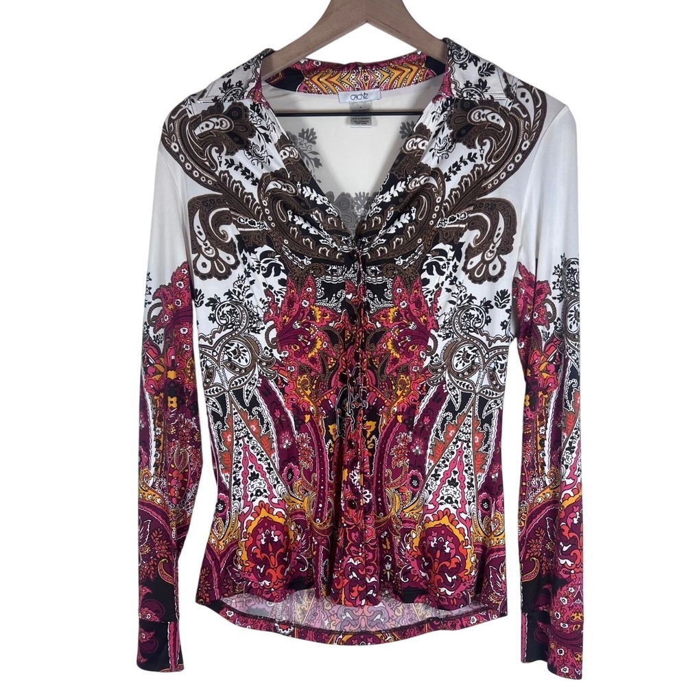 Y2K CACHE Button Down Top PAISLEY Print BOHO Long Sleeve‎ Blouse RETRO MOD SMALL